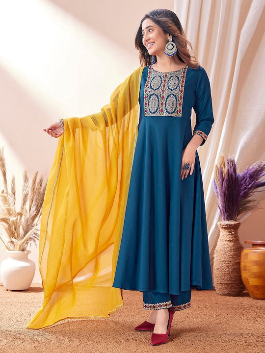 Mitera Ethnic Motifs Yoke Design Kurta & Trousers With Dupatta