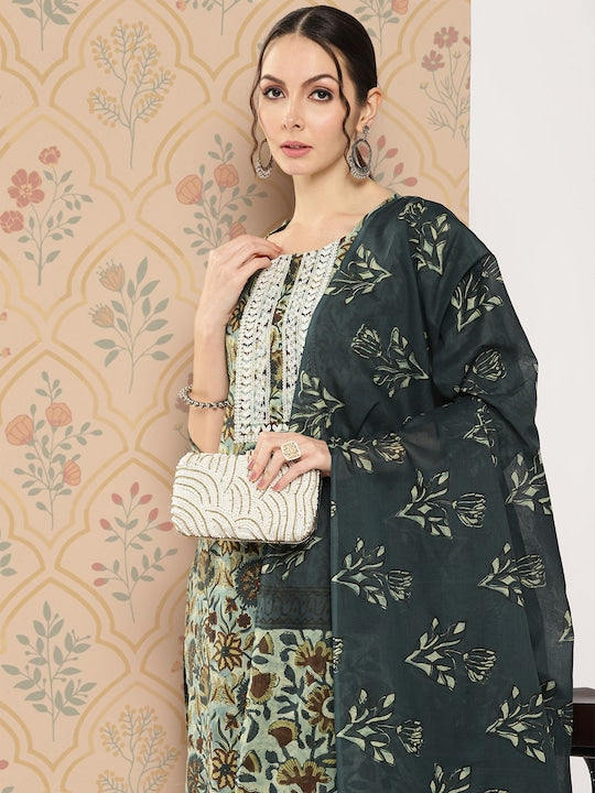 Yufta Women Floral Embroidered Regular Pure With Dupatta Cotton Kurta with Trousers &