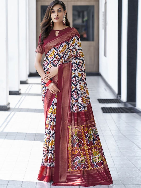 Satrani Ethnic Motifs Printed Zari Sambalpuri Saree