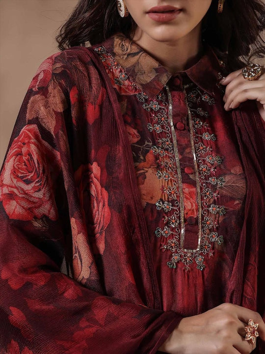Scakhi Floral Printed Kurta With Trousers & Dupatta
