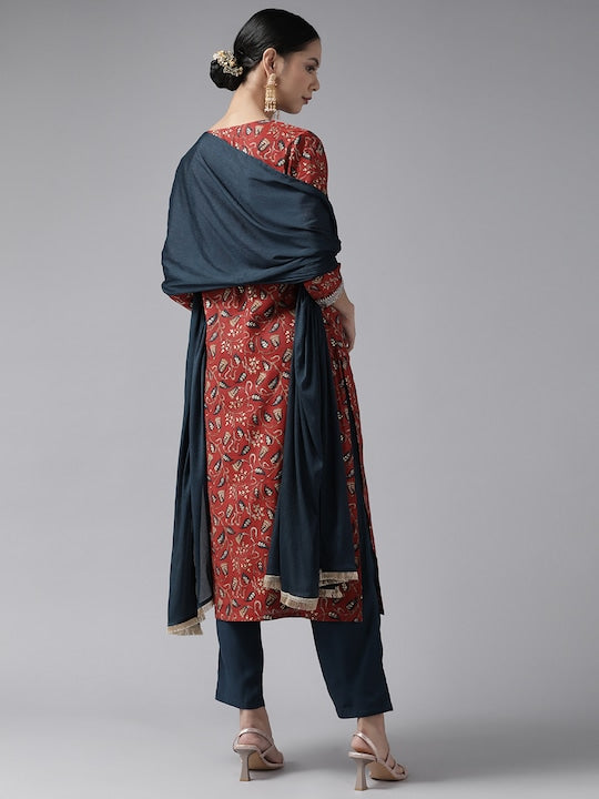 Yufta Women Rust Floral Yoke Design Thread Work Kurta with Trousers & With Dupatta