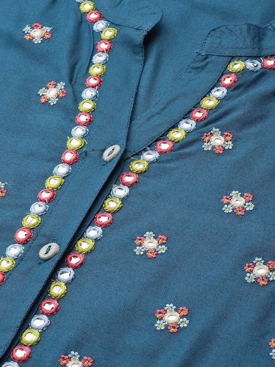 All about you Mandarin Collar Yoke Design Thread Work A-Line Kurta