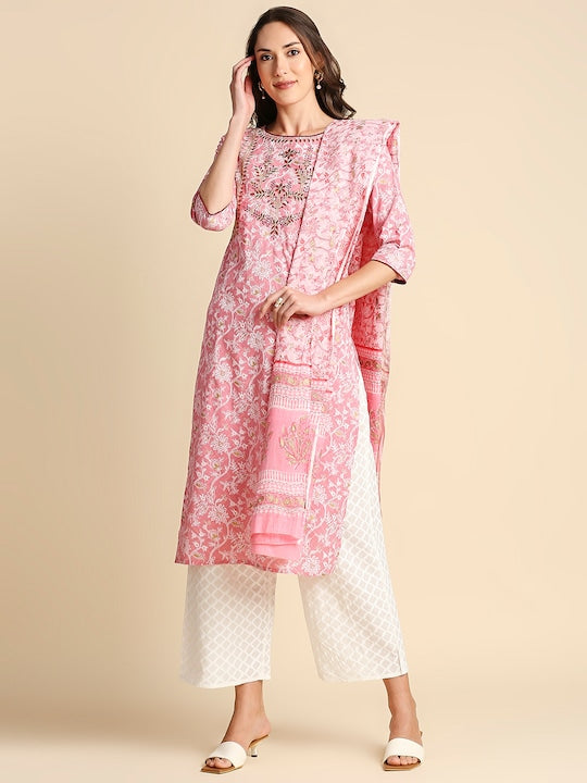 Anubhutee Women Pink Ethnic Motifs Printed Pure Cotton Kurta with Palazzos & Dupatta