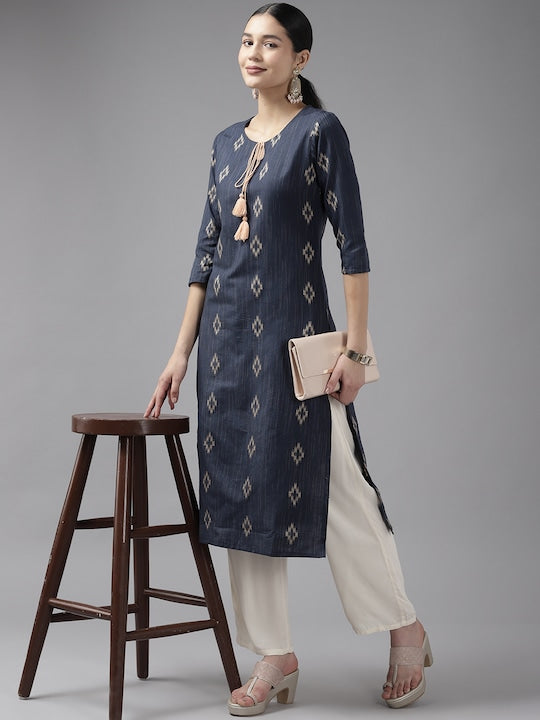 Yufta Women Woven Design Straight Kurta Blue