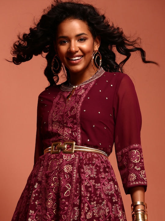 IMARA Ethnic Motifs Printed Mandarin Collar A-Line Kurta With Trousers