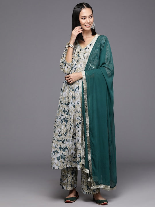 Varanga Women Printed Pleated Silk Georgette Kurta with Trousers & Dupatta