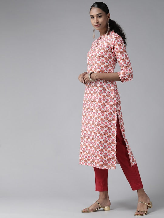 Yufta Women Off-White & Pink Ethnic Motifs Screen Print Pure Cotton Straight Kurta