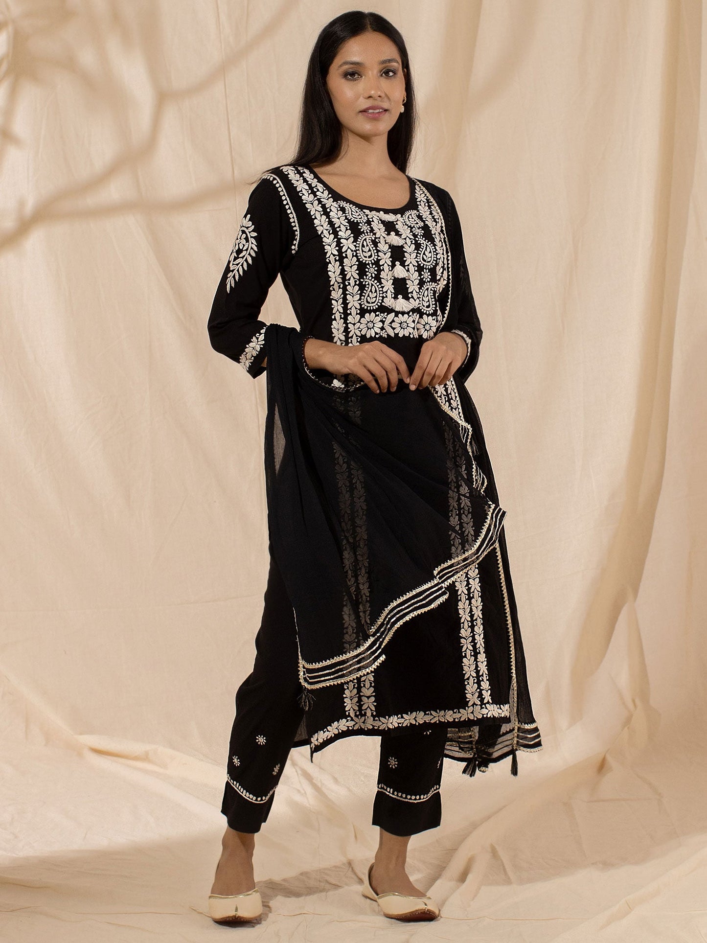 Likha Black Chikankari Kurta Pant & Dupatta LIKSKD33 (Set of 3)