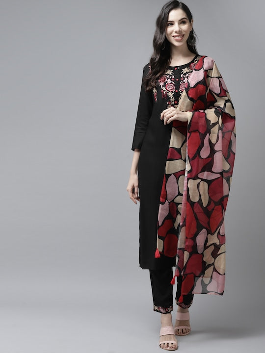Yufta Women Black Ethnic Motifs Embroidered Thread Work Kurta with Trousers & With Dupatta