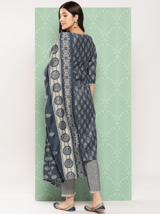 Yufta Women Ethnic Motifs Yoke Design Regular Chanderi Silk Kurta with Trousers & Dupatta
