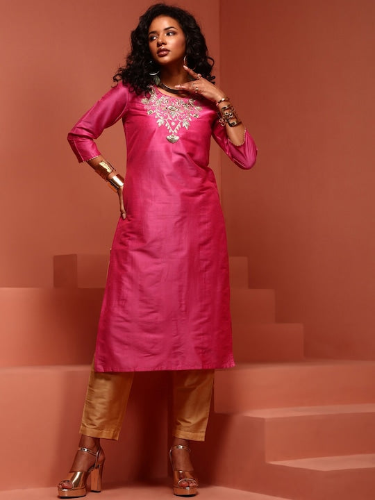 IMARA Floral Yoke Design Gotta Patti Straight Kurta