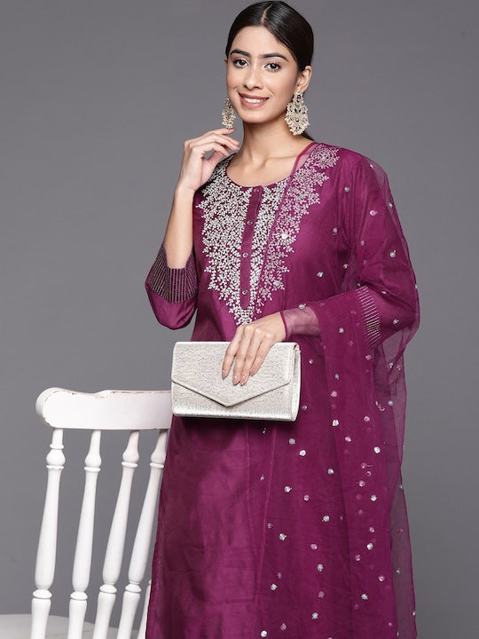 Varanga Floral Embroidered Zari Chanderi Silk Kurta with Trousers & Dupatta