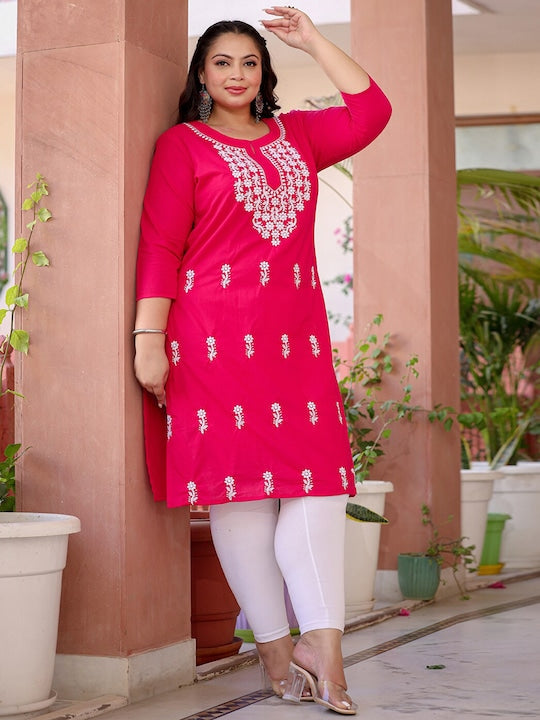 Yufta Plus Size Floral Embroidered Chikankari Pure Cotton Kurta