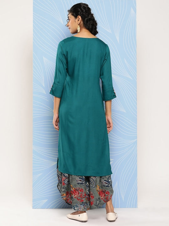 Yufta Women Teal Pleated Kurta with Sharara