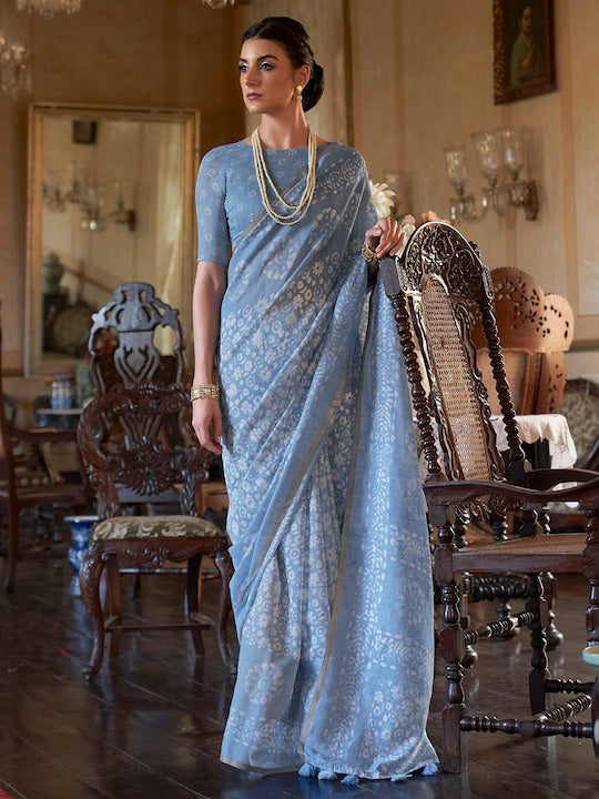 Anouk Floral Printed Zari Bagru Saree With Matching Blouse