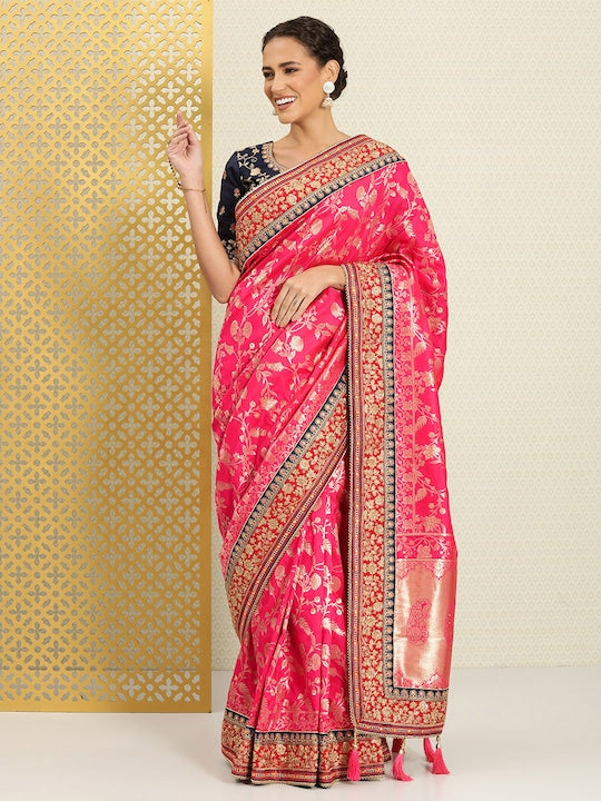House of Pataudi Floral Zari Silk Blend Banarasi Saree