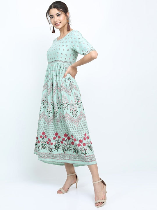 Vishudh Women Blue Floral Ethnic Midi Fit & Flare Dress