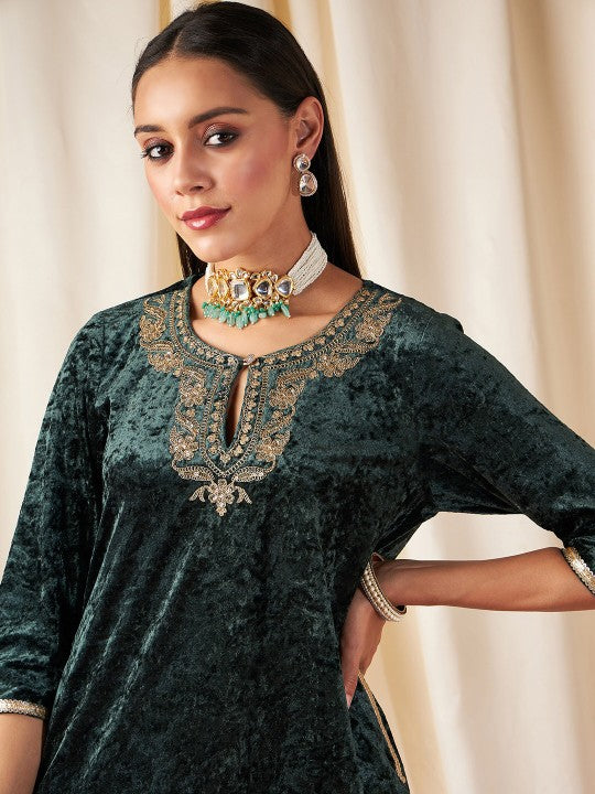 Shae by Sassafras Floral Yoke Design Thread Work Velvet Straight Kurta