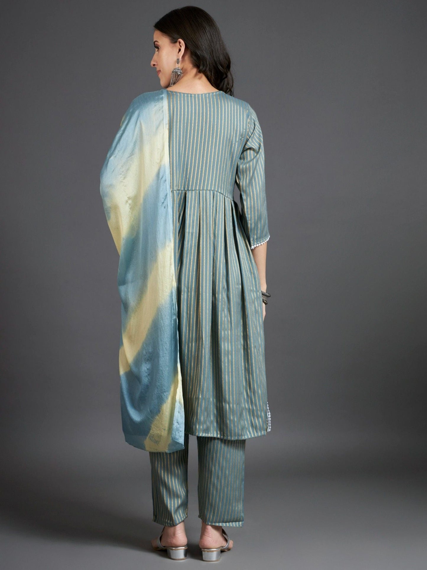 Heeposh Stripe Printed A-Line Kurta and Pants with Tie Dye Dupatta (Set of 3)