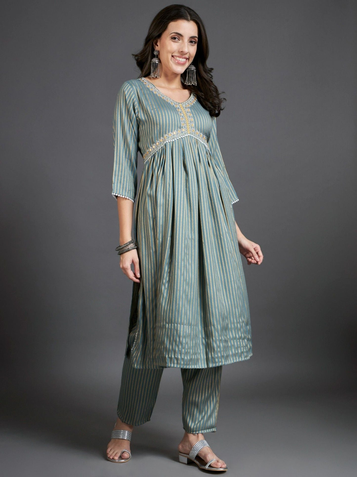 Heeposh Stripe Printed A-Line Kurta and Pants with Tie Dye Dupatta (Set of 3)