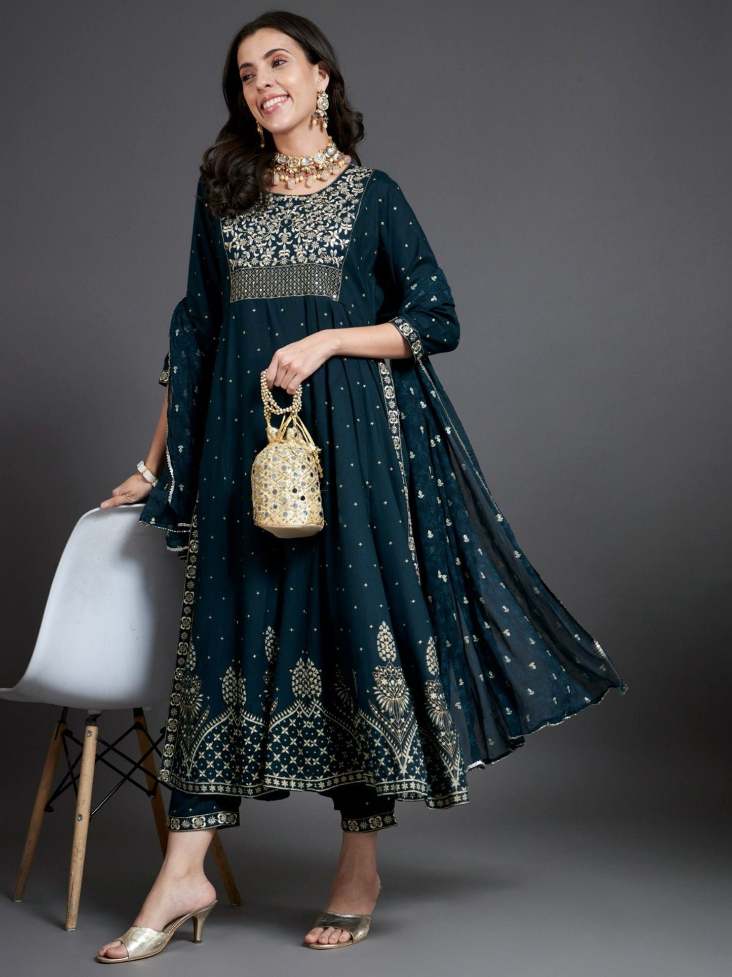 Heeposh Embroidered Kurta and Pants with Khadi Printed Dupatta (Set of 3)