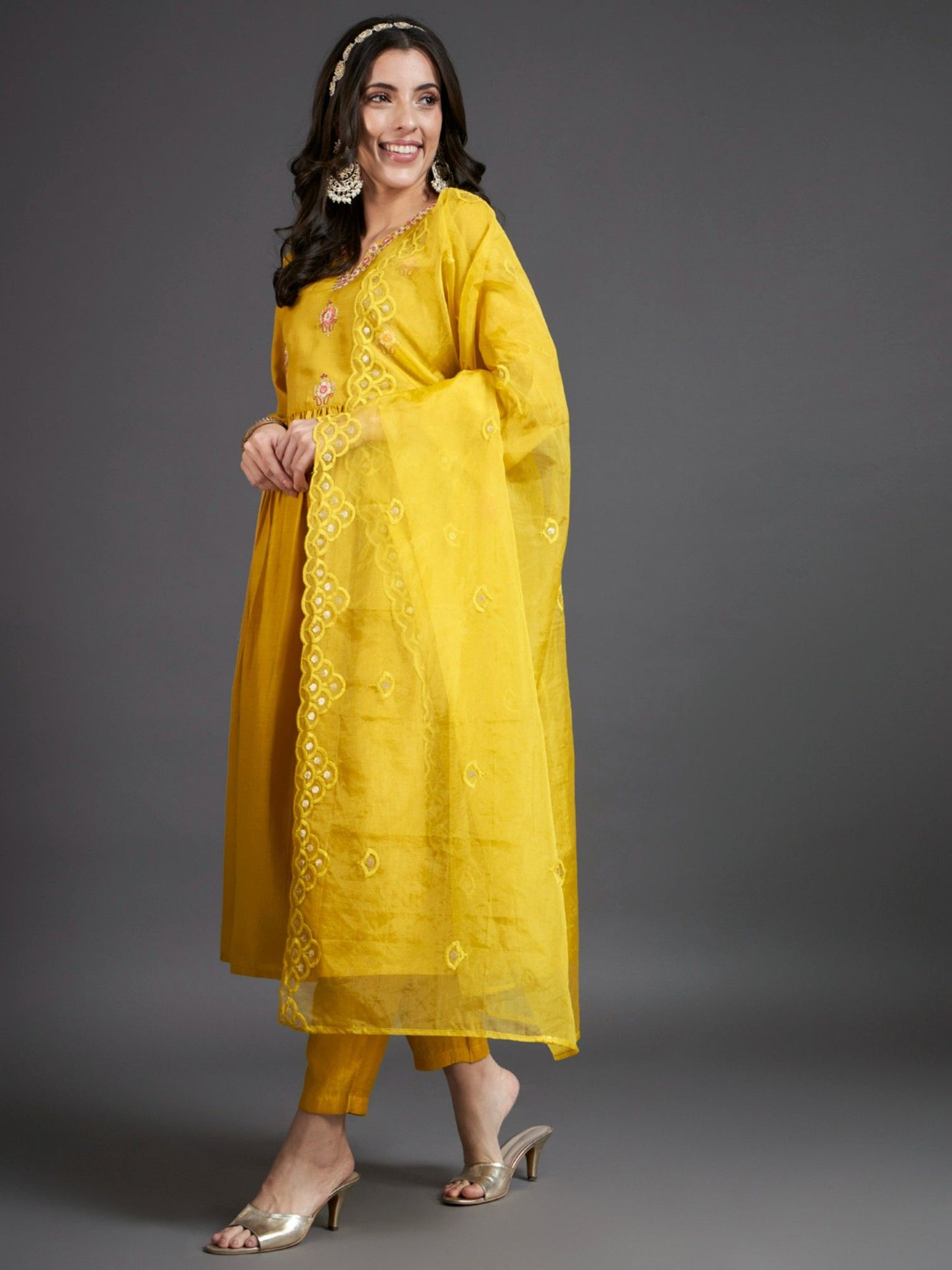 Heeposh Mustard Embroidered Flared Kurta and Pants (Set of 3)