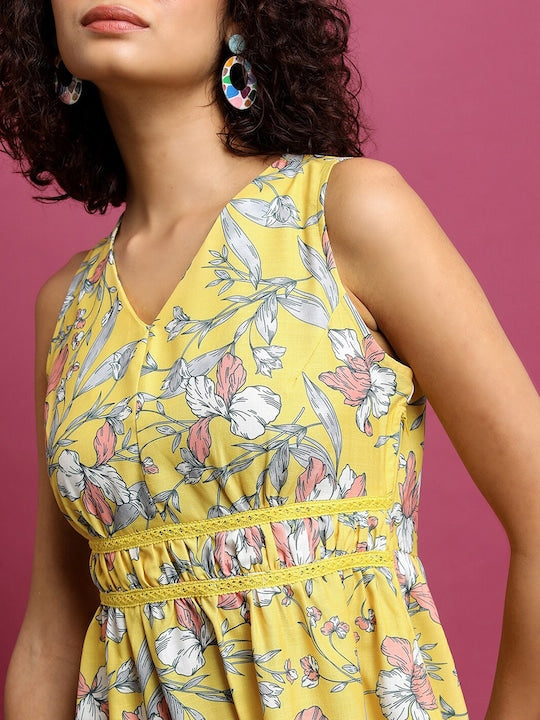 Vishudh Yellow Floral Printed Gathered Maxi Dress