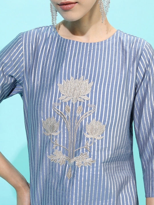 Vishudh Women Blue Striped Kurta with Palazzos