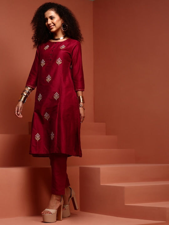 IMARA Ethnic Motifs Embroidered Gotta Patti Straight Kurta & Trousers With Dupatta