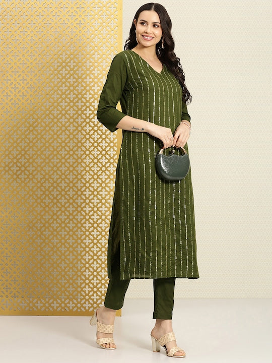 House of Pataudi Women Striped Sequinned Pure Cotton Kurta with Trousers Set