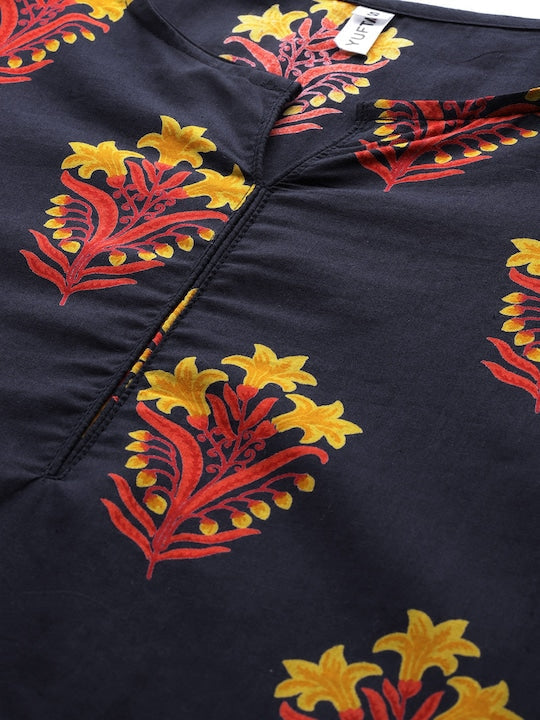 Yufta Women Navy Blue & Mustard Yellow Floral Printed Pure Cotton Kurta with Palazzos