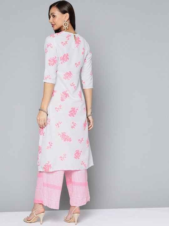 Vishudh Women Pink & White Floral Printed Kurta with Trousers