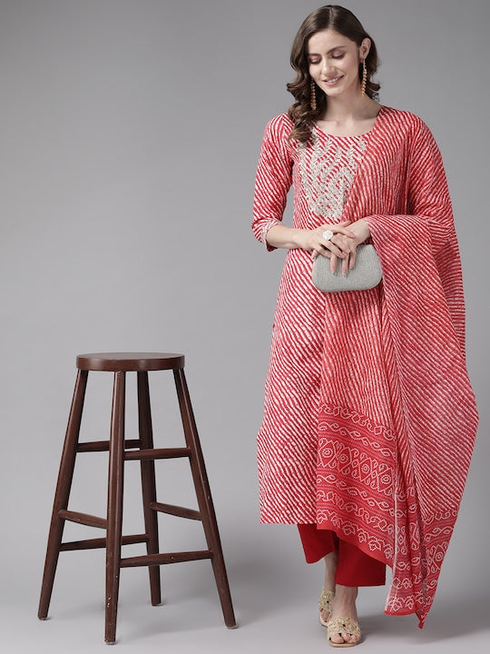 Yufta Women Red Leheriya Printed Zardozi Kurta with Trousers & With Dupatta