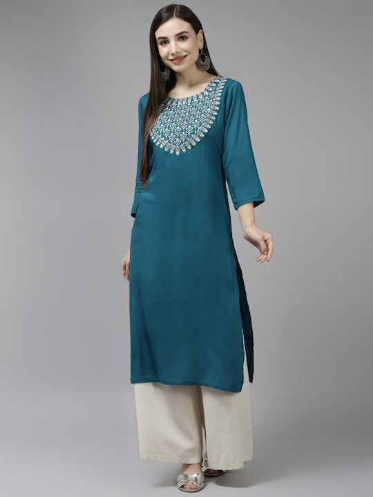 Yufta Women Teal Blue Yoke Design Mirror Work Kurta