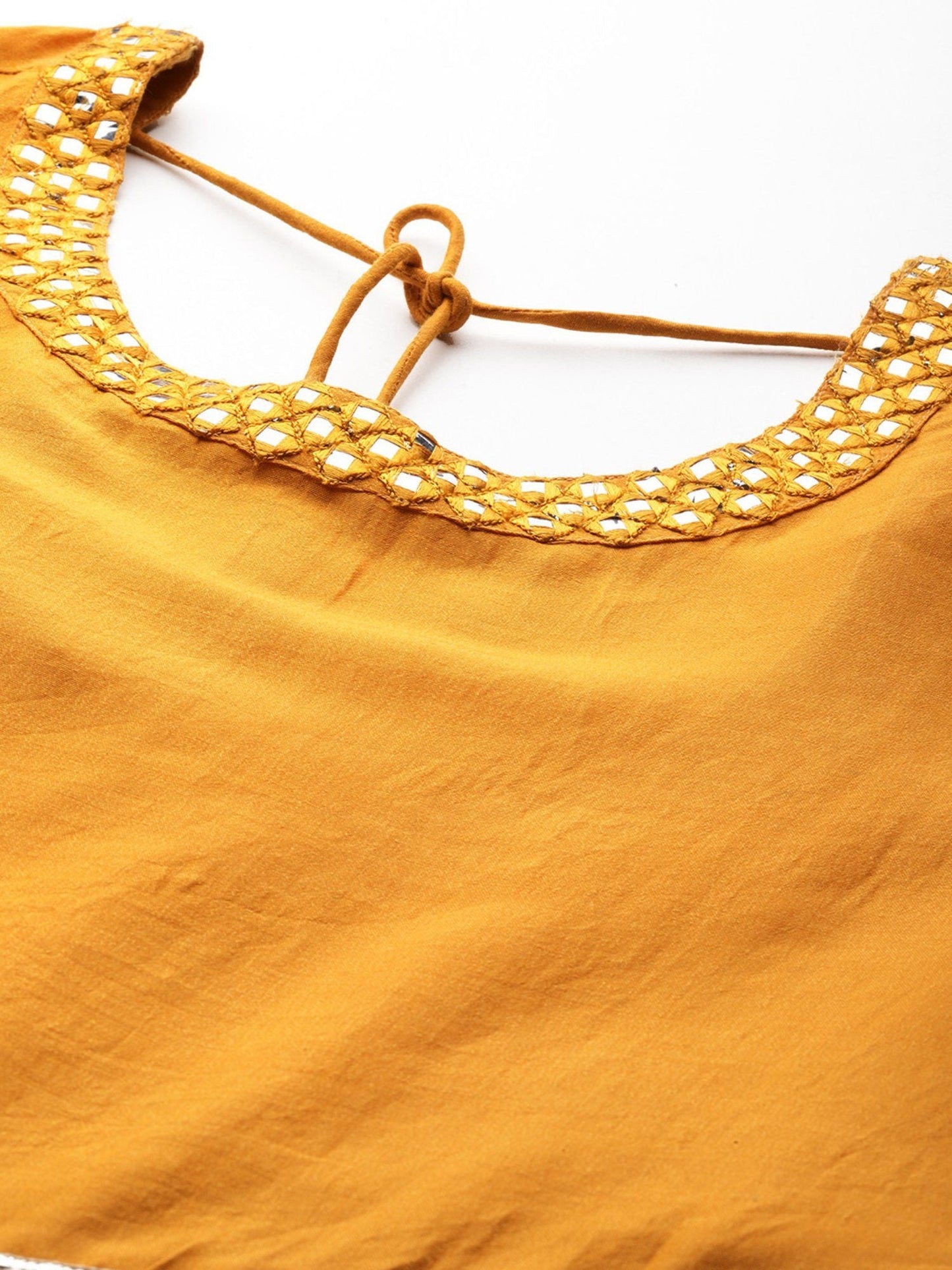 ISHIN Women's Silk Mirror Work Mustard Anarkali Kurta