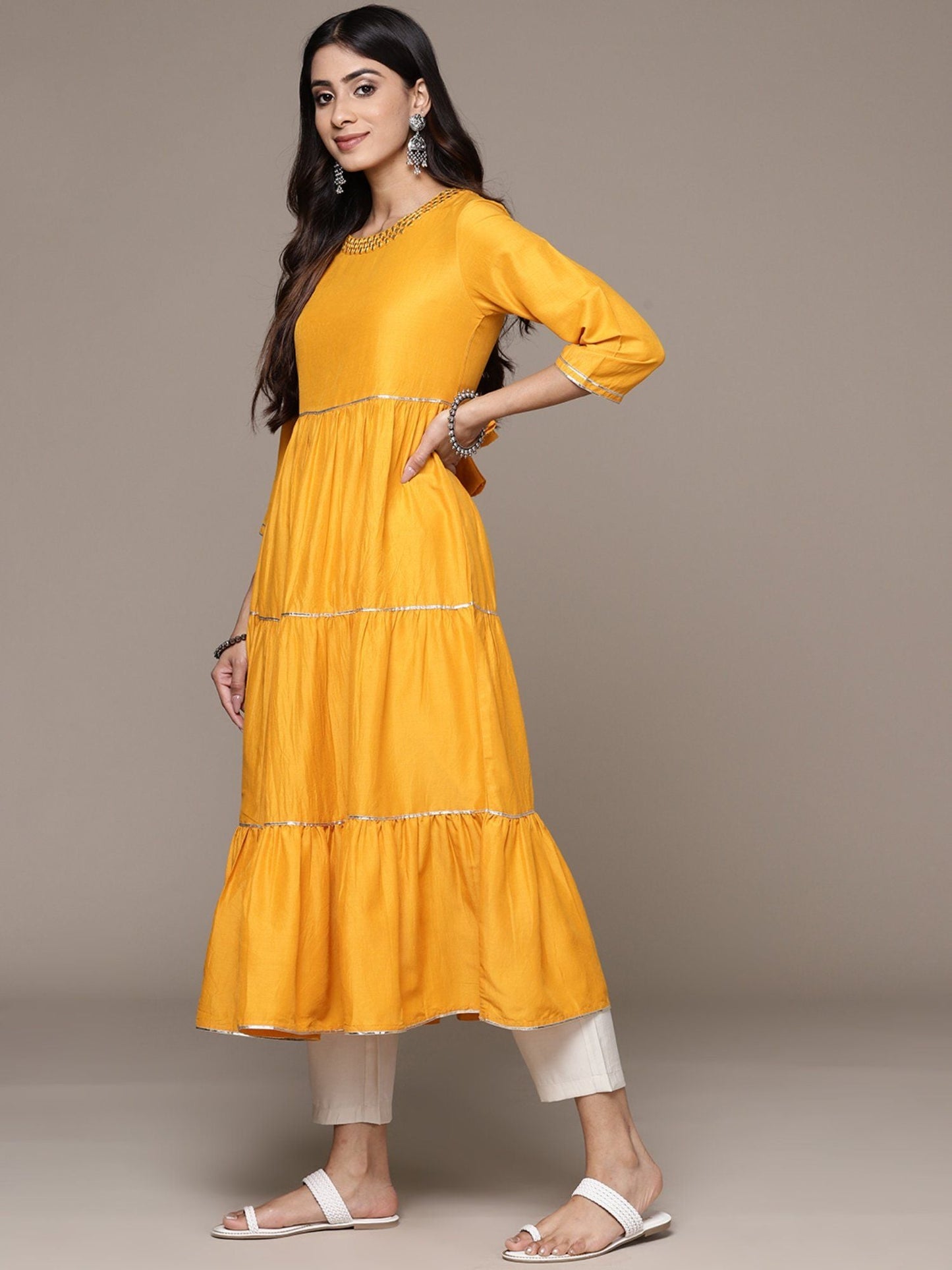 ISHIN Women's Silk Mirror Work Mustard Anarkali Kurta