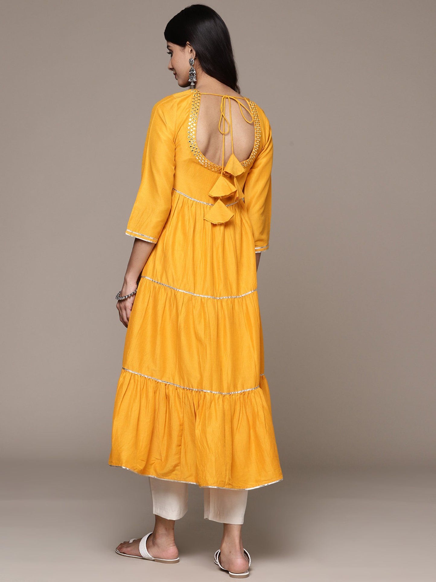 ISHIN Women's Silk Mirror Work Mustard Anarkali Kurta
