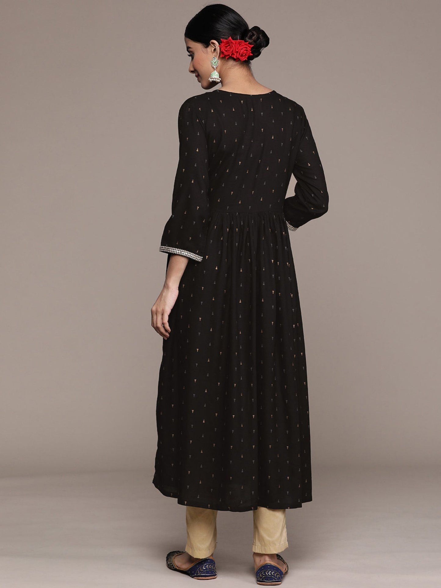 ISHIN Women's Black Foil Printed Zari with Sequins Rayon Flared Kurta