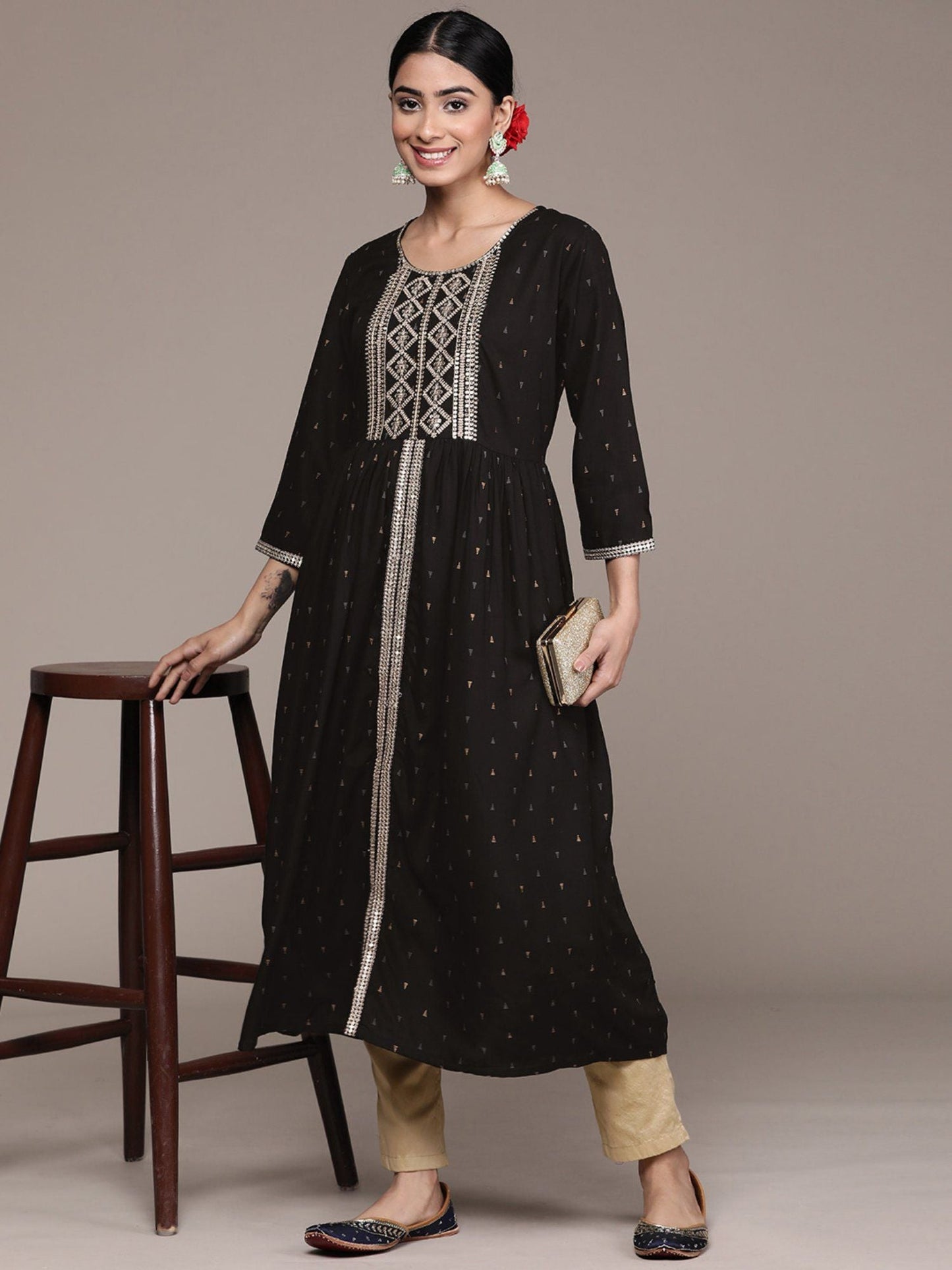 ISHIN Women's Black Foil Printed Zari with Sequins Rayon Flared Kurta