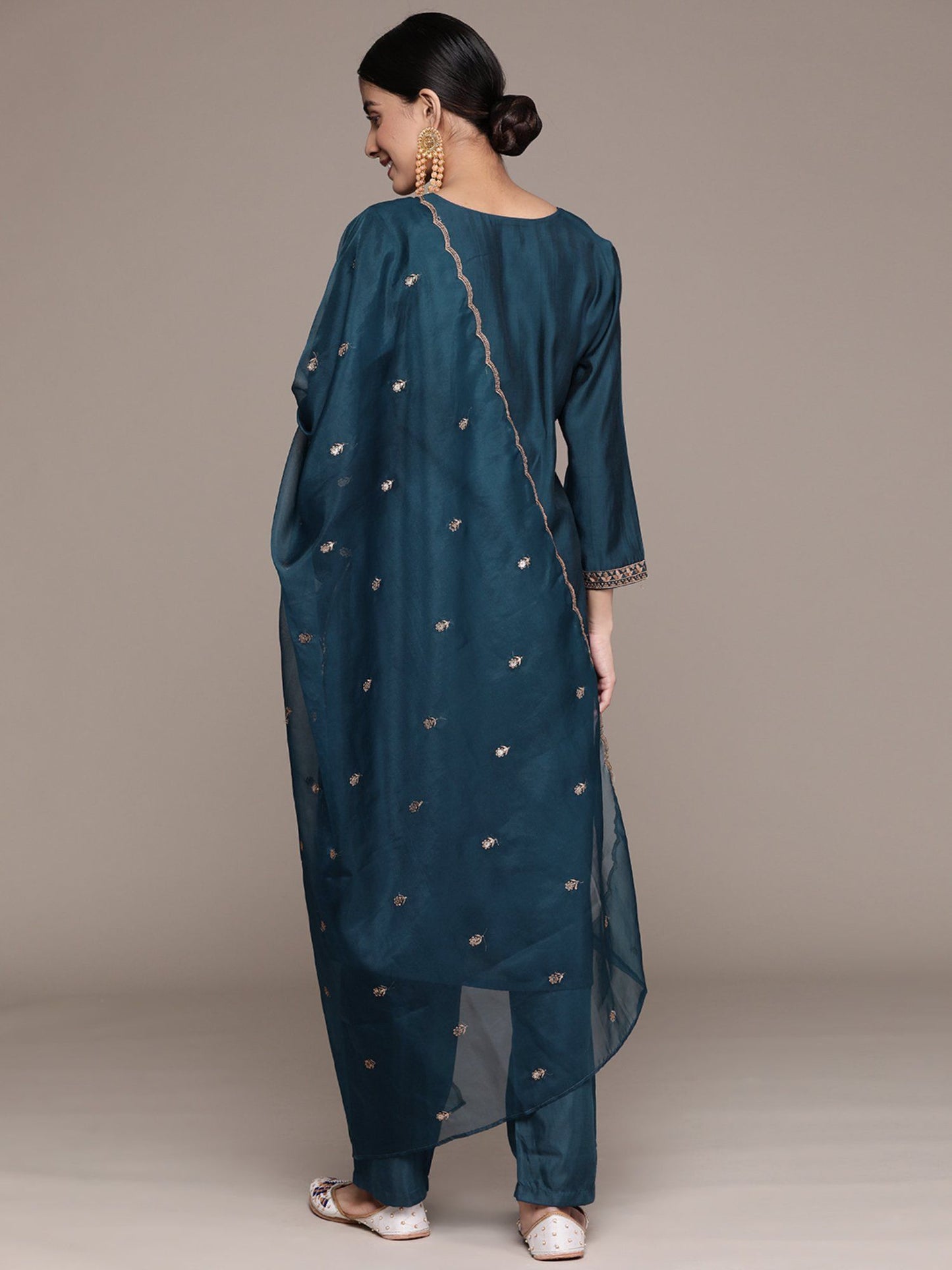 ISHIN Women's Teal Embellished Zari Silk Straight Kurta with Trousers & Dupatta