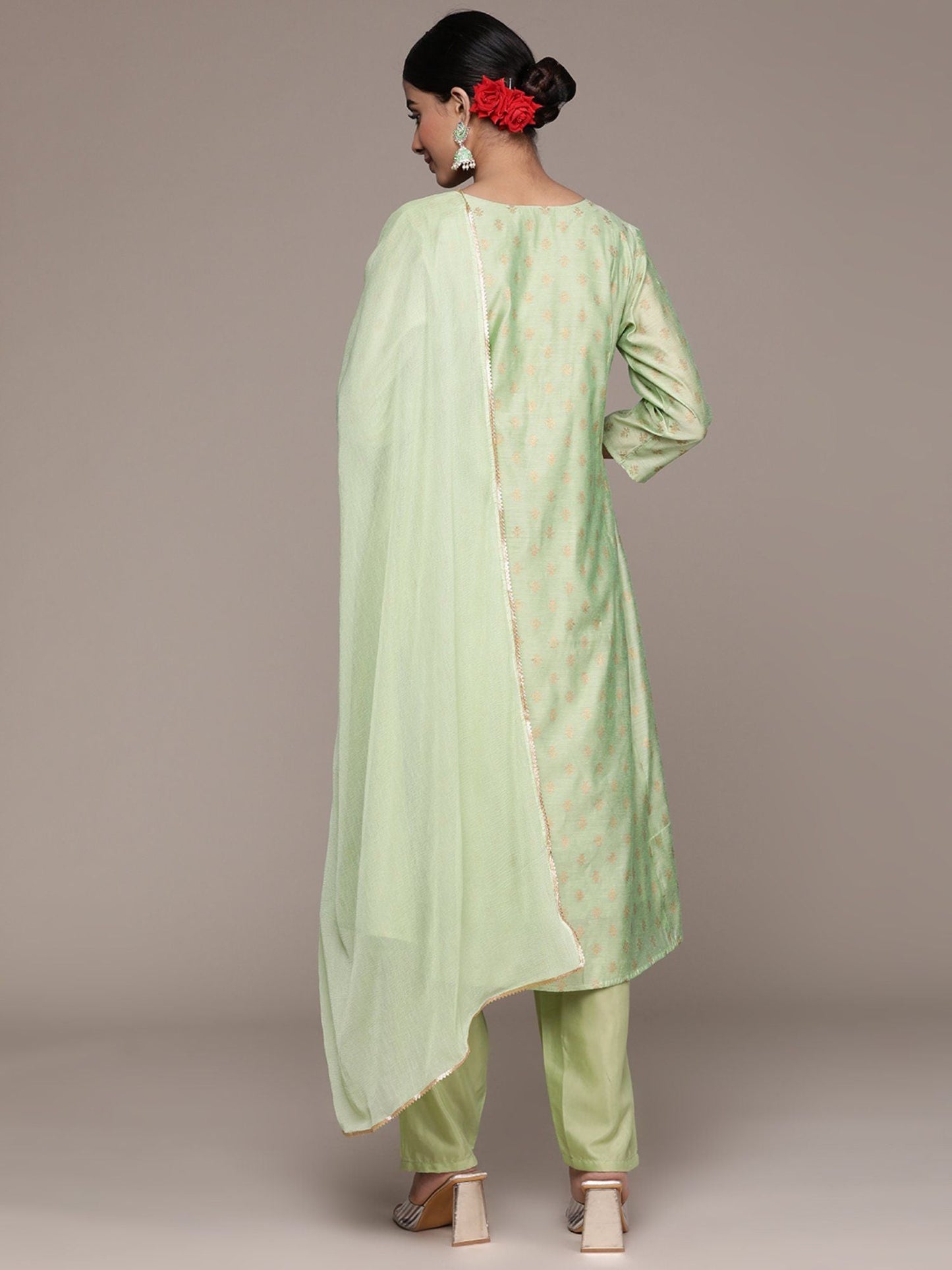 ISHIN Women's Foil Printed Zari Silk Flared Kurta Suit with Trousers & Dupatta (Set of 3)