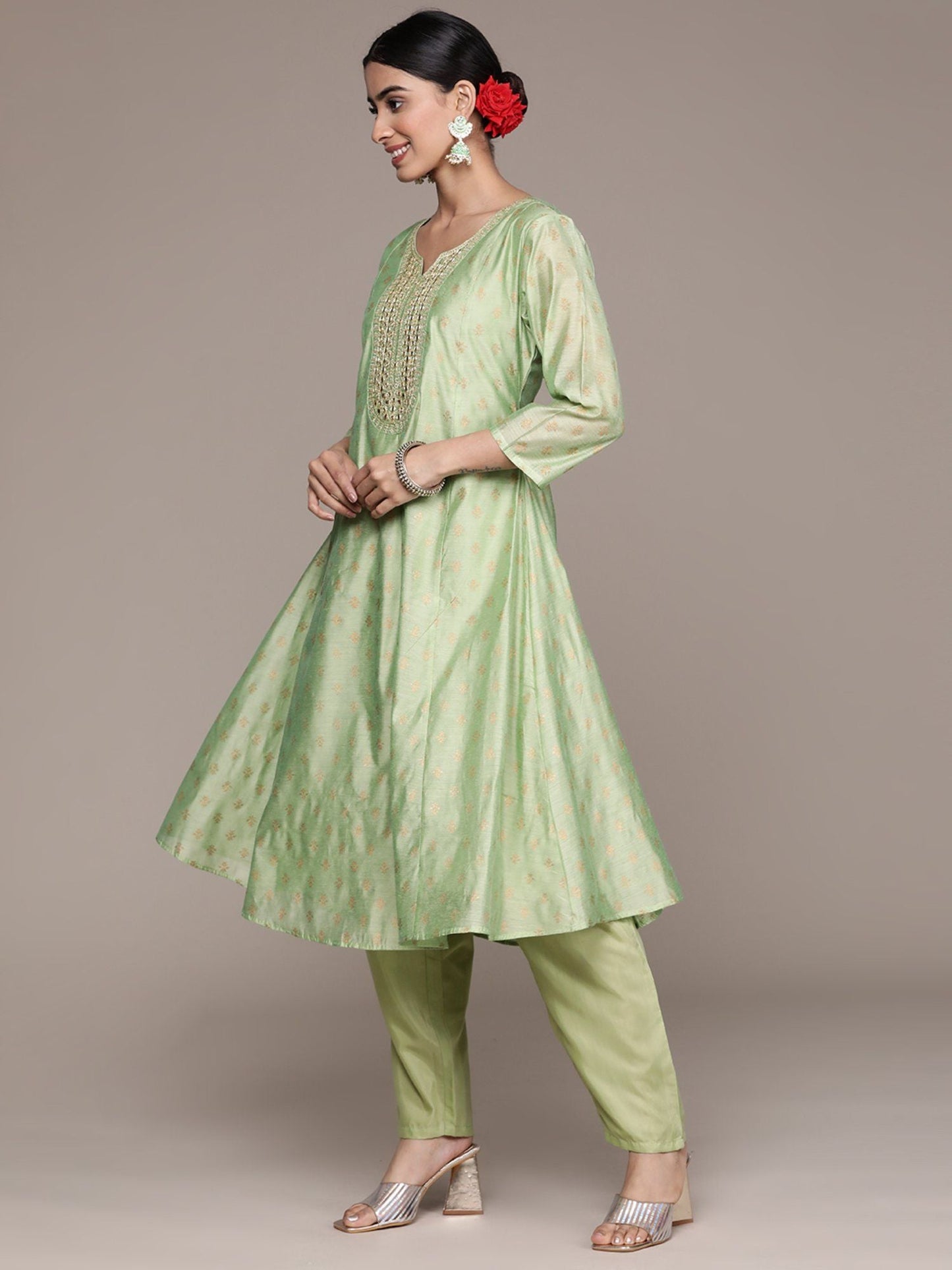 ISHIN Women's Foil Printed Zari Silk Flared Kurta Suit with Trousers & Dupatta (Set of 3)