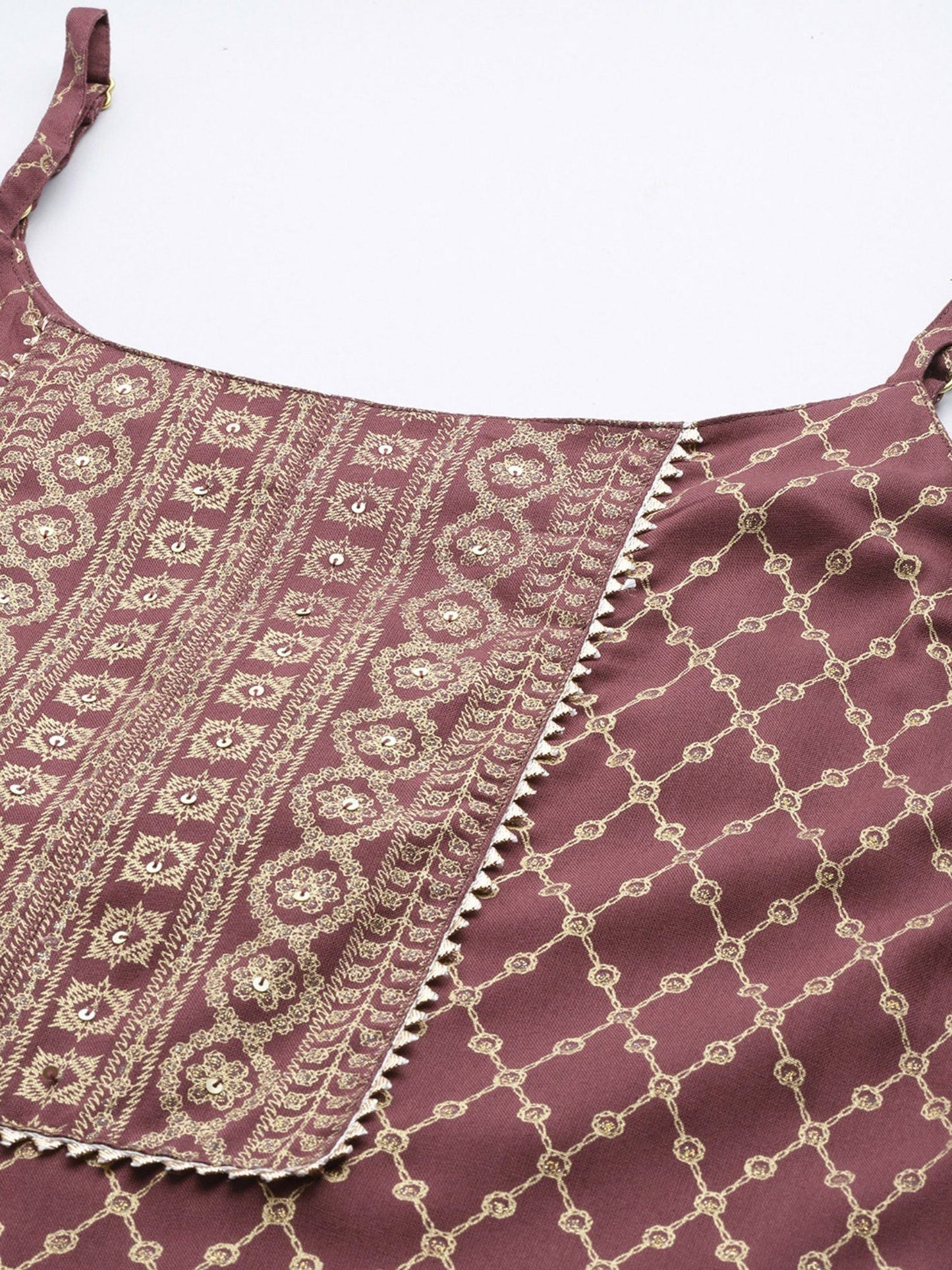 ISHIN Women's Mauve Foil Print Embellished Rayon Kurta with Trousers & Dupatta (Set of 3)