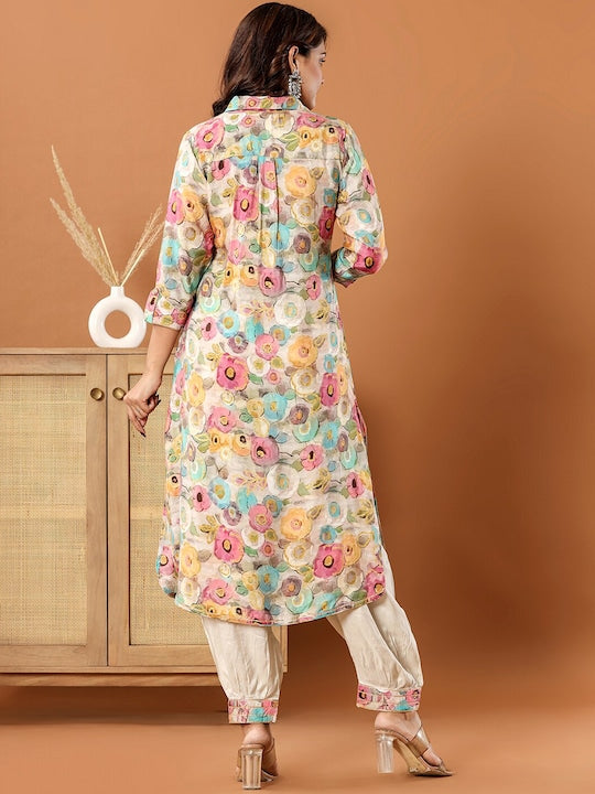 Vishudh Beige Floral Printed Regular Sequinned Kurta with Salwar