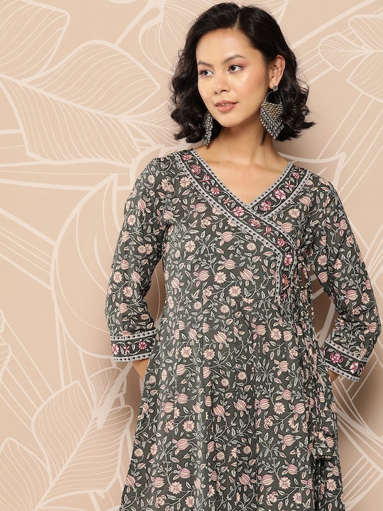 Yufta Floral Printed Anarkali Cotton Kurta