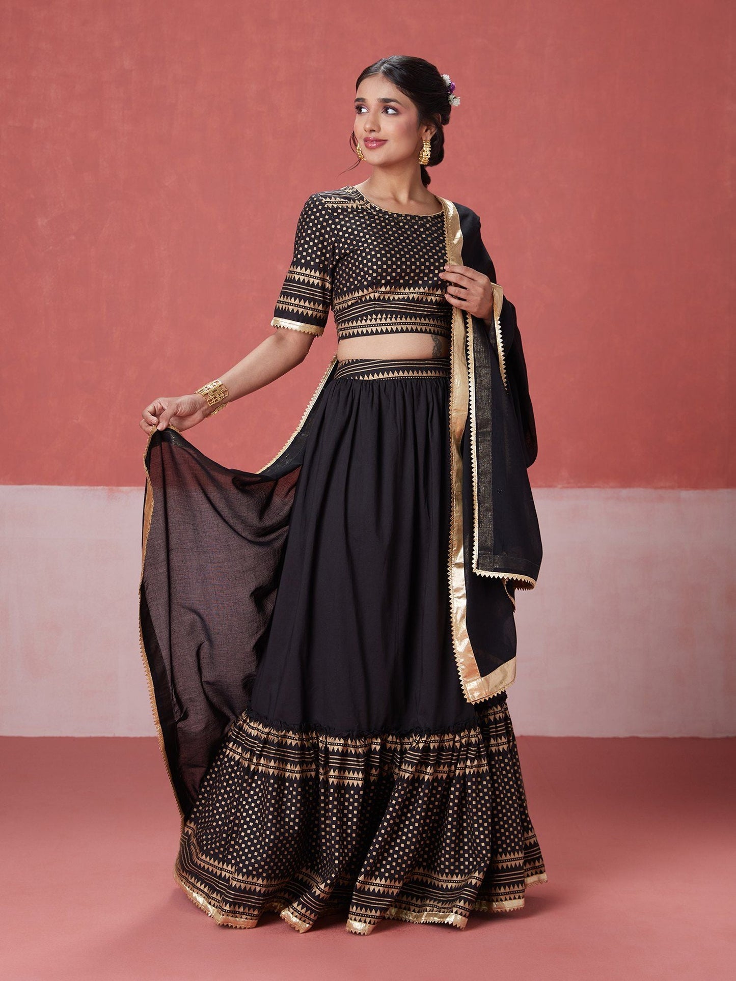 Likha Ghoomar Black Printed Tiered Lehenga Choli with Dupatta LIKLEH18 (Set of 3)