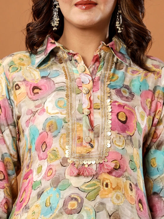 Vishudh Beige Floral Printed Regular Sequinned Kurta with Salwar