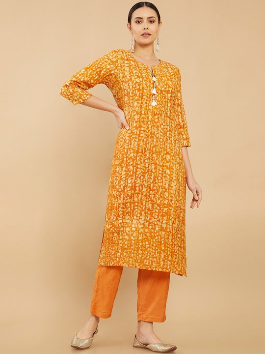 Soch Women Yellow Printed Kurta with Trousers