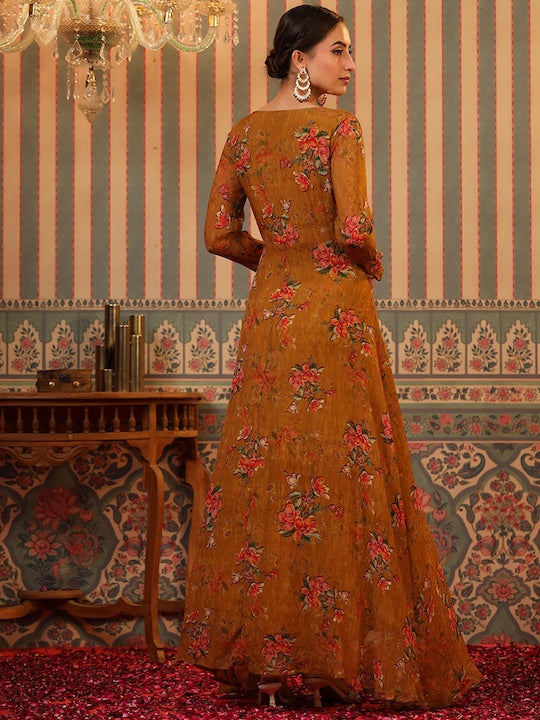 Scakhi Floral Printed Silk Gown Maxi Ethnic Dresses
