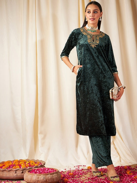 Shae by Sassafras Floral Yoke Design Thread Work Velvet Straight Kurta